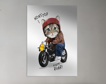 Lustiges Katzen-Motorrad-Kunstwerk auf Leinwand, verspielter Tierdruck, Kinderzimmerdekoration