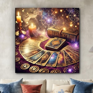 Mystic Tarot Card Spread Canvas Art, Magical Divination Table Illustration, Occult Witchcraft Wall Decor