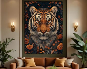 Maestoso ritratto di tigre su tela, decorazione murale di animali selvatici, poster con illustrazione botanica della giungla