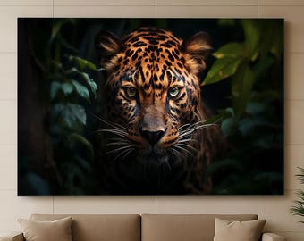 ヒョウのキャンバス壁アート、ジャングルの野生動物のポートレート、大型ネコ科動物、モダンな動物アートワーク