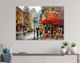 Rainy City Street Canvas Art, Urban Cafe Impressionist Painting, Cafe Decoration