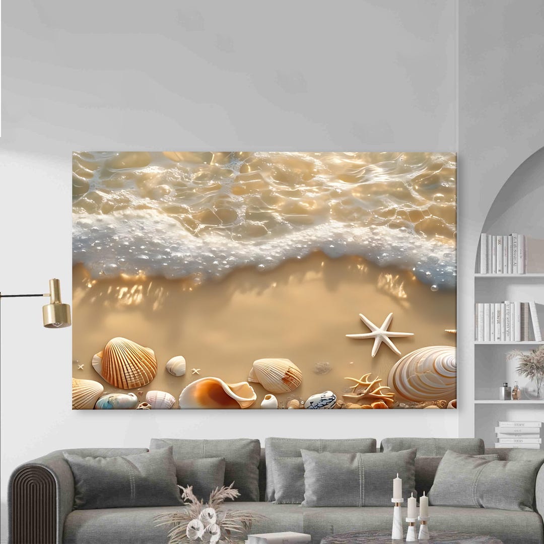 Beach Seashell Wall Art, Ocean Wave Canvas Print, Coastal Decor Poster ...