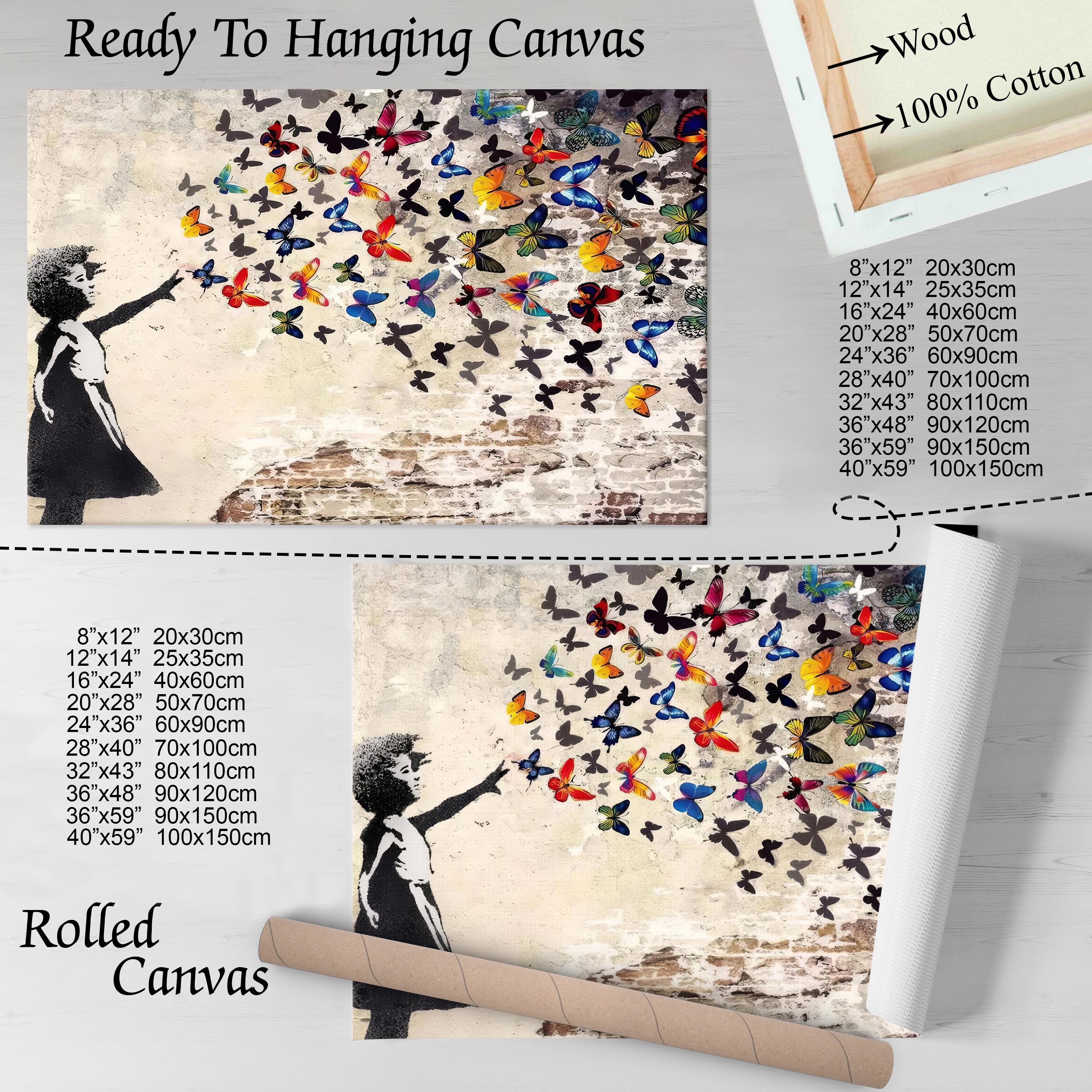 Banksy Style Butterfly Canvas Art, Urban Street Art Print, Wall 