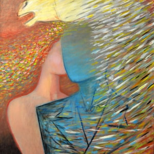 May include: Abstract painting featuring a horse head and two figures. The horse is yellow, and the figures are blue and peach. The artwork uses a variety of colors and brushstrokes to create a dynamic and expressive composition.