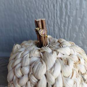 May include: A close-up of a woven pumpkin with a wooden stem. A gold-colored wire ring with the letter "E" is wrapped around the stem. The pumpkin is made of a light beige woven material.