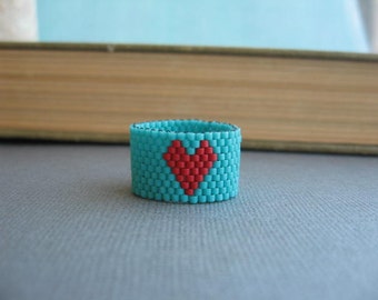 Turquoise beaded ring . Red heart ring . beadwoven Ring . Peyote stitch turquoise Ring