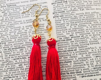 Red tassel earrings, red thead, red Tassel earrings, Christmas tassel red earrings, bright red tassel, Christmas earrings