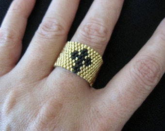 Peyote stitch Cross design Ring, cross ring . Award Winning Ring . Gold Beaded Ring, Religious Ring