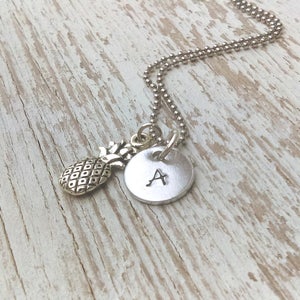 Initial necklace, pineapple necklace, pineapple initial jewelry, silver pineapple