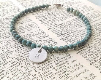 Bead Inital bracelet, Teal stone bead bracelet, marble blue green bracelet, initial bracelet, stamped initial jewelry, hand stamped initial