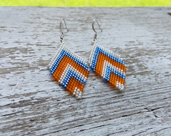 Beaded chevron earrings, chevron leaf earrings, blue orange and white, leaf earrings, chevron earrings
