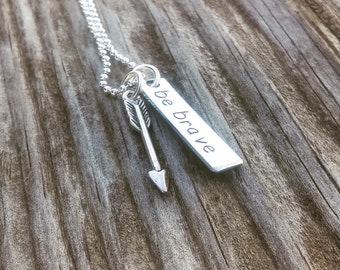 Be brave necklace, be brave bar, brave jewelry, be brave hand stamped, brave bar necklace, inpirational jewelry brave silver bar