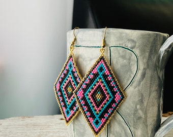 Southwestern earrings, native beaded earrings, multi color southwestern, native jewelry, long diamond beaded earrings