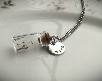 Wish Dandelion Necklace, Wish Necklace, Dandelion in a Bottle, Wish Handstamped, Steampunk Jewelry, Dandelion Seeds