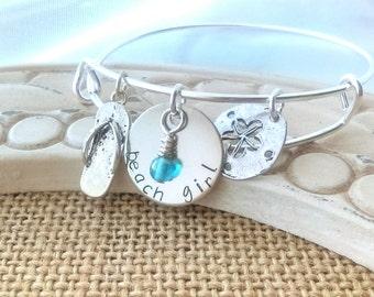 Beach girl bracelet, beach bangle, beach girl, beach girl jewelry, Beach bracelet, Beach, stamped beach, sandal, sand dollar jewelry