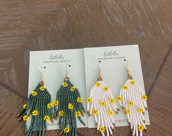 Beaded Fringe sunflower earrings, beaded fringe earrings, fringe flower earrings