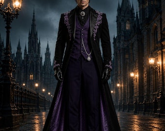 May include: A long black coat with purple embroidery on the lapels and cuffs, worn over a purple vest and black trousers. The outfit includes a black shirt with a decorative brooch, a silver pocket watch chain, and black leather gloves.