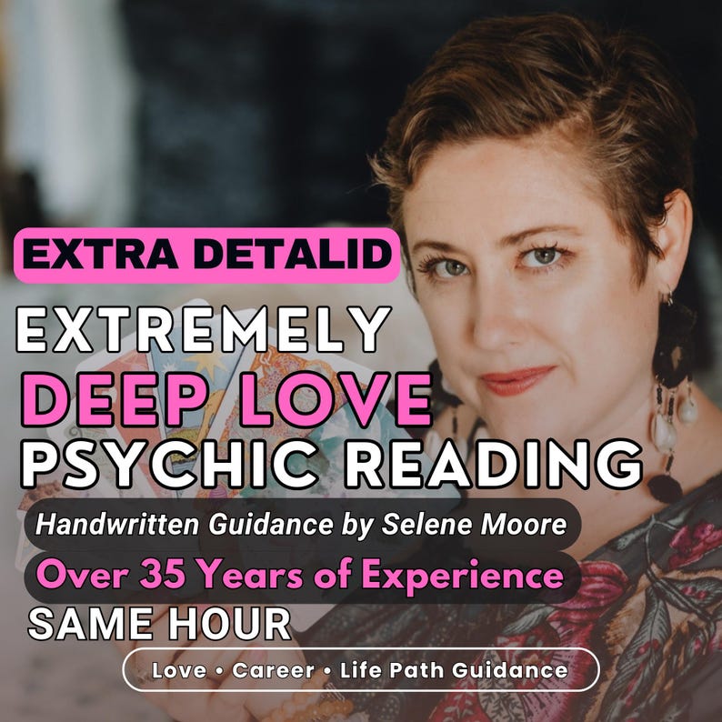 Pode incluir: Imagem de uma mulher com cabelo castanho curto, com sobreposi&ccedil;&atilde;o de texto: "EXTRA DETALID, EXTREMELY DEEP LOVE PSYCHIC READING, Handwritten Guidance by Selene Moore, Over 35 Years of Experience, SAME HOUR, Love Career Life Path Guidance."