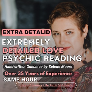 Puede incluir: Imagen promocional de una mujer con cabello casta&ntilde;o corto. Superposici&oacute;n de texto que dice: "EXTRA DETALID, EXTREMELY DETAILED LOVE PSYCHIC READING, Gu&iacute;a escrita a mano por Selene Moore, M&aacute;s de 35 a&ntilde;os de experiencia, MISMA HORA." Palabras clave: Amor, Carrera, Orientaci&oacute;n de vida.