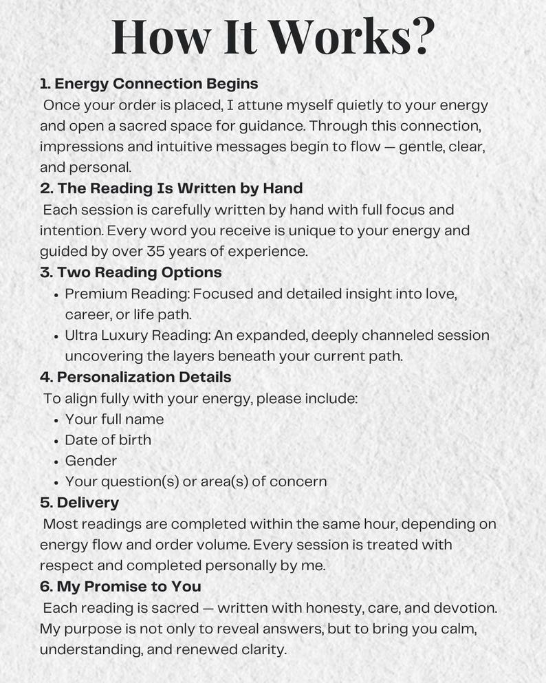 Pode incluir: Texto preto sobre fundo branco que explica o processo de uma leitura. O texto inclui o t&iacute;tulo "Como funciona?" e pontos numerados que explicam a conex&atilde;o energ&eacute;tica, as leituras manuscritas e os detalhes de personaliza&ccedil;&atilde;o.