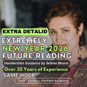 May include: Image features a woman holding tarot cards with text overlay. The text reads "EXTRA DETALID EXTREMELY NEW YEAR 2026 FUTURE READING" and mentions "Handwritten Guidance by Selene Moore" with "Over 35 Years of Experience". The image also includes "SAME HOUR" and "Love • Career • Life Path Guidance".