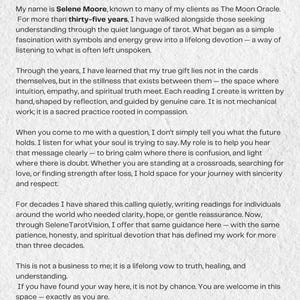 May include: Text on a white background reads "Who Am I?" followed by paragraphs about Selene Moore and her work with tarot, including the text "Selene Moore, The Moon Oracle."