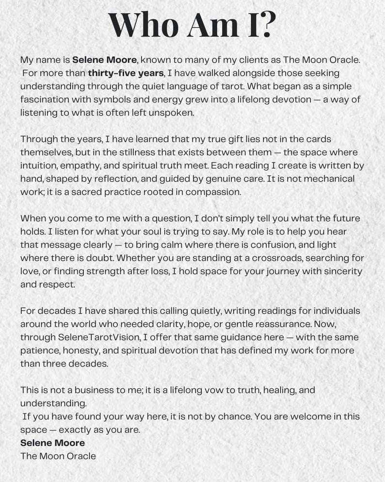 May include: Text on a white background reads "Who Am I?" followed by paragraphs about Selene Moore and her work with tarot, including the text "Selene Moore, The Moon Oracle."