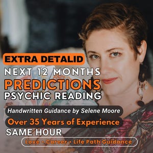 May include: Image featuring a woman with short brown hair, holding a deck of cards. Text overlay reads "EXTRA DETALID, NEXT 12 MONTHS PREDICTIONS, PSYCHIC READING." Additional text includes "Handwritten Guidance by Selene Moore, Over 35 Years of Experience, SAME HOUR."