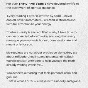 May include: Text on a white background reads "Why Choose Me?" followed by several paragraphs describing spiritual guidance and readings. The text mentions clarity, honesty, and reflection. The author's name, Selene Moore, and "The Moon Oracle" are at the bottom.