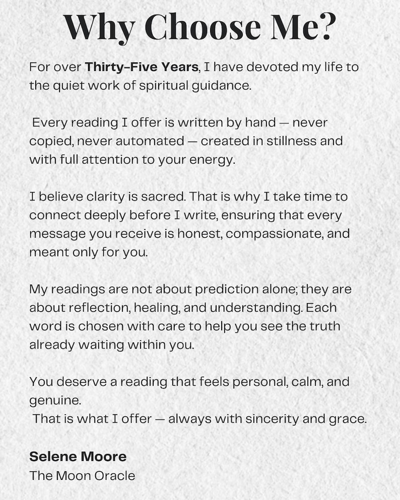 May include: Text on a white background reads "Why Choose Me?" followed by several paragraphs describing spiritual guidance and readings. The text mentions clarity, honesty, and reflection. The author's name, Selene Moore, and "The Moon Oracle" are at the bottom.