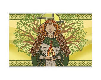 May include: An illustration of a woman with long, intricately styled red hair, holding a flame. She wears a green and white garment, with a tree and a yellow background. Celtic knotwork borders the image.