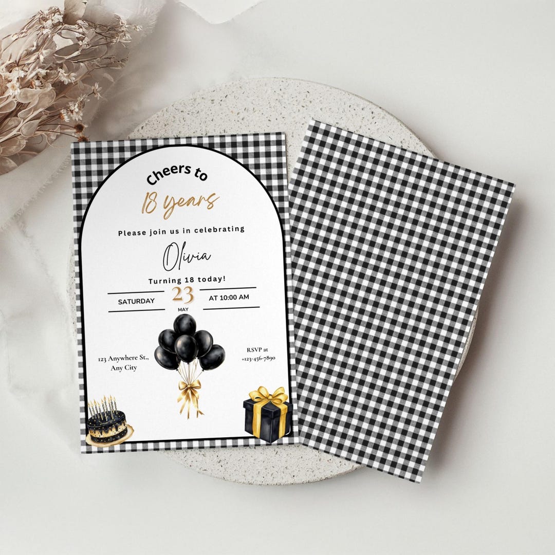 Editable 18th Birthday Invitation Canva Template | Black Gold Glam ...