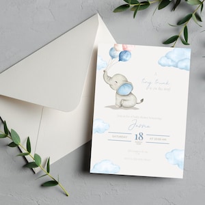 May include: A baby shower invitation featuring a watercolor illustration of a gray elephant holding blue and pink balloons. The invitation includes the text "A tiny trunk is on its way!" and event details.