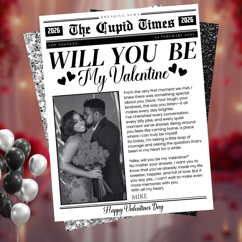 Will You Be My Valentine newspaper template, personalized Valentine template, Galentine’s Day newspaper, Valentine gift, DIY Canva editable, customizable newspaper style, perfect for Valentine's Day gift, unique and fun Galentine's day template, easy-to-edit Canva template, special Valentine's Day gift idea, personalized newspaper design, creative way to ask 'Will You Be My Valentine?', digital printable, perfect for gifting, customizable text, romantic newspaper layout, editable love-themed.