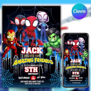 Editable Spidey and His Amazing Friends Birthday Invitation, Spidey Birthday Party Invite, Spidey Printable Kids Invite, Canva Editable
