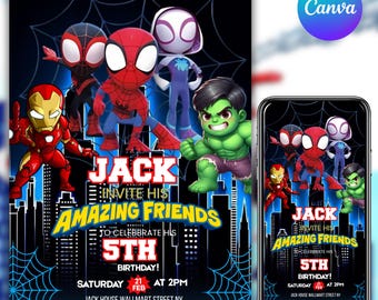 Editable Spidey and His Amazing Friends Birthday Invitation, Spidey Birthday Party Invite, Spidey Printable Kids Invite, Canva Editable