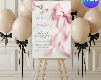 Pink Bow Baby Shower Welcome Sign, Printable Coquette Bow Girl Baby Shower Welcome Poster Decor, DIY Canva Template Digital Download