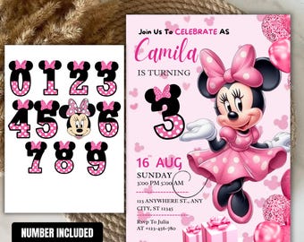 Invitación de cumpleaños editable de Minnie Mouse, invitación rosa para fiesta de niña, invitación de cumpleaños infantil, cumpleaños de Minnie Mouse, tercer cumpleaños, editable en Canva