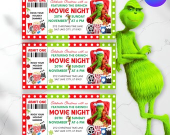 Mall för Grinchen-filmbiljett - Redigerbar Canva-filmbiljett, filmkväll, filmbiljett, redigerbar mall, direktnedladdning