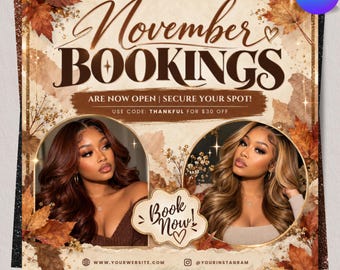 Bokningsflyer för november, bokningsflyer för höstskönhet, flygblad för Thanksgiving-salong, hårfransar, nagelflätor, MUA-peruk, redigerbar Canvas