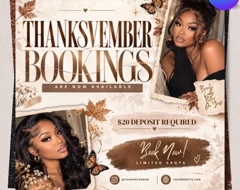 Bokningsflyer för november, bokningsflyer för höstskönhet, flygblad för Thanksgiving-salong, hårfransar, nagelflätor, MUA-peruk, redigerbar Canvas