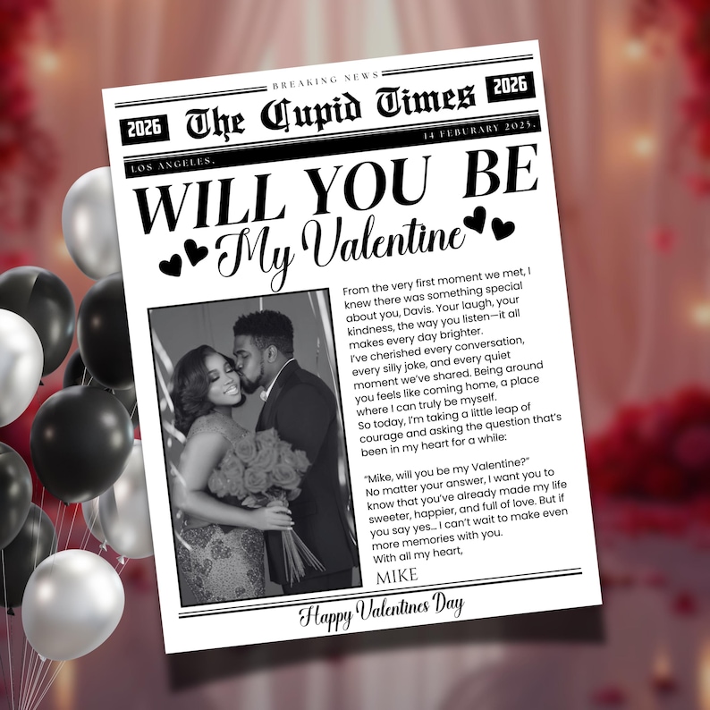 Will You Be My Valentine newspaper template, personalized Valentine template, Galentine’s Day newspaper, Valentine gift, DIY Canva editable, customizable newspaper style, perfect for Valentine's Day gift, unique and fun Galentine's day template, easy-to-edit Canva template, special Valentine's Day gift idea, personalized newspaper design, creative way to ask 'Will You Be My Valentine?', digital printable, perfect for gifting, customizable text, romantic newspaper layout, editable love-themed.