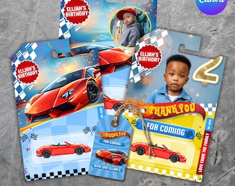 Plantilla de empaque para autos de juguete, plantilla de etiqueta de agradecimiento, etiqueta imprimible para recuerdos de cumpleaños con temática de autos, etiquetas personalizadas para fiestas con temática de autos de carreras, plantilla de Canva