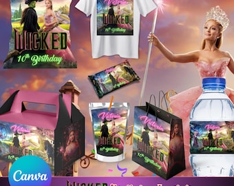 Wicked Princess Birthday Party Favors: Pink & Green Decor, WICKED party package, Wicked Birthday Bundle, Elphaba Glinda Theme, Movie party