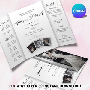 May include: A white tri-fold wedding invitation flyer featuring black text, a timeline of events, and three small square photographs. The text includes the names Jenny and Peter J, the date September 13, 2026, and details for the ceremony and reception.