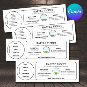 以下が含まれることがあります： 黒いテキストの白い宝くじチケット。各チケットには、名前、住所、メール、電話番号のフィールドが含まれています。チケットには、イベント名、日付、時間、利用規約、賞品も表示されます。