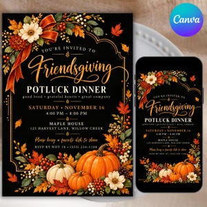 Peut inclure: Une carte d'invitation pour un dîner Friendsgiving sur fond noir et un écran de smartphone assorti. Le design présente des citrouilles orange, des feuilles d'automne, des baies et des fleurs blanches avec les détails de l'événement.