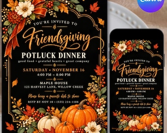 Inbjudan till Friendsgiving-knytkalas, inbjudan till Thanksgiving-middag, redigerbar Canvas-mall, höstfest, utskrivbar direktnedladdning