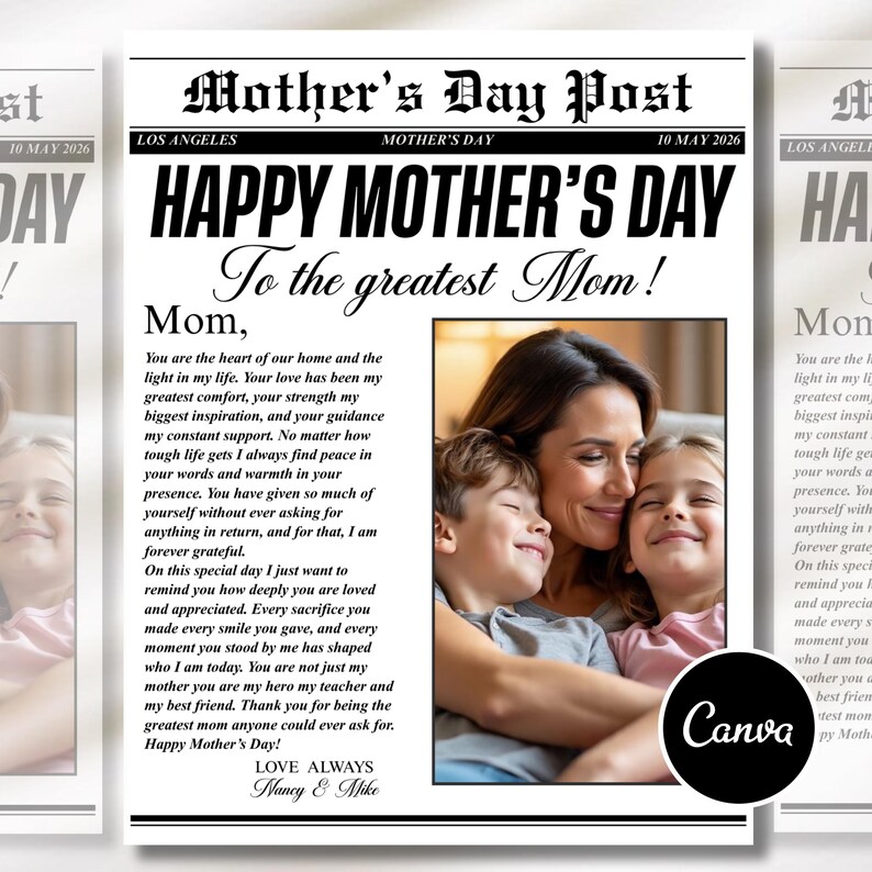 mom newspaper gift, mothers day news, editable newspaper, mothers day times, diy mothers day card, photo gift for mom,flower bouquet wrap, custom newspaper mom, worlds best mom card, gift from daughter, newspaper template, gift for her digital
Mother’s Day newspaper template
Printable Mother Day gift
Custom Mom newspaper
Printable photo gift for Mom
Mother’s Day printable
Newspaper-style template
Canva editable template
Personalized gift for Mom
Customizable newspaper gift
DIY Mother’s Day gift