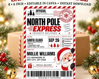 Nordpolens expressfraktetikett, julklappsetikett med jultomtepost, redigerbar Canvas-mall, utskrivbar paketetikett för högtider